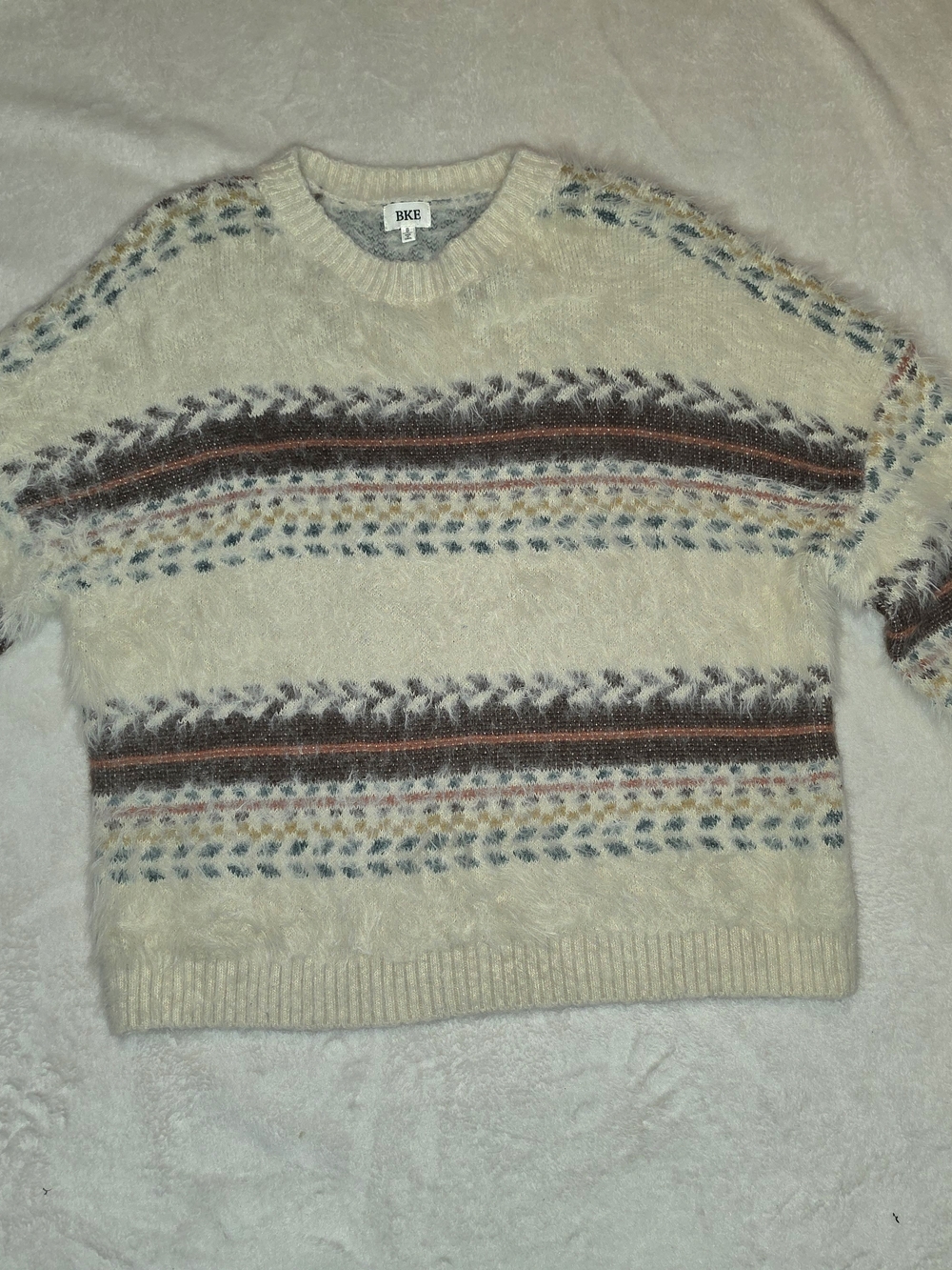 BKE Cream Patterned Oversized Cozy Crewneck Sweater - Men